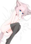  1girl absurdres ahoge animal_ear_fluff animal_ears anus arknights ass bangs bar_censor bed_sheet between_legs black_pantyhose blue_eyes blush breath censored clothes_pull covering_mouth fetal_position fingering flat_chest fox_ears fox_tail from_above gloves gloves_removed hair_between_eyes hair_over_shoulder hand_between_legs hand_up highres knees_up lying masturbation medium_hair nipples on_bed on_side oripathy_lesion_(arknights) pantyhose pantyhose_pull pillow purple_hair pussy rano_u_rabe short_hair sidelocks single_glove solo sussurro_(arknights) tail tears topless white_gloves 