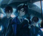  1girl 2boys absurdres blood blood_on_face blue_eyes blue_necktie choker earrings highres holding holding_umbrella hololive hololive_english jewelry long_hair long_sleeves looking_at_viewer multiple_boys necktie ouro_kronii rain short_hair suoniko umbrella watch wristwatch 