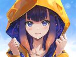  1girl blue_eyes blush gradient_hair hands_up highres hololive hololive_english hood hood_up long_sleeves looking_at_viewer multicolored_hair ninomae_ina&#039;nis orange_hair parted_lips pointy_ears portrait purple_hair solo tallgeese_(lgeesel) tentacle_hair virtual_youtuber 