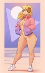  absurd_res anthro blep blonde_hair blue_eyes canid canine canis clothing domestic_dog female floppy_ears footwear hair hi_res jacket jewelry mammal mature_female mostly_nude mrs._hudson necklace nightfaux pubes shoes sneakers solo standing thick_thighs tongue tongue_out topwear 