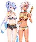  2girls :o abs absurdres arm_behind_back bangs bare_shoulders black_skirt blue_eyes blue_hair blunt_bangs breasts cameltoe character_request collarbone commentary cowboy_shot dark-skinned_female dark_skin food forehead frilled_skirt frills hair_ornament highres holding holding_food last_origin legs_apart long_hair looking_at_viewer medium_breasts multiple_girls nail_polish navel open_mouth parted_bangs pink_eyes red_hair red_nails shadow signature simple_background skirt small_breasts standing summer swimsuit tan tanlines teddyellow teeth two-tone_background underboob upper_teeth_only v-shaped_eyebrows very_long_hair white_background white_hair yakitori 