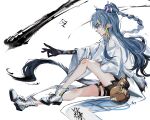  1girl 4m3_meat arknights blue_eyes blue_hair braid coat earrings elbow_gloves gloves gourd highres horns ink jewelry ling_(arknights) long_hair long_sleeves looking_down pointy_ears shorts sitting solo tail tassel tassel_earrings very_long_hair white_coat white_footwear 