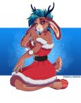  anthro antlers belt breathe_(artist) brown_body brown_fur choker christmas christmas_clothing clothed clothing eyelashes female fur half-closed_eyes hi_res holidays horn inner_ear_fluff jackalope jewelry lagomorph long_ears looking_at_viewer mammal narrowed_eyes necklace short_tail solo tail tuft 