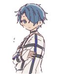  1boy black_choker blue_eyes blue_hair choker hair_over_one_eye jacket long_sleeves looking_at_viewer male_focus milgram sakurai_haruka_(milgram) short_hair sketch solo white_background white_jacket yayoripain 