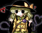  1girl bangs black_background black_eyes black_headwear blouse blush bow buttons closed_mouth diamond_button eyeball floral_print frilled_shirt_collar frilled_sleeves frills green_hair green_skirt hair_between_eyes hands_up hat hat_bow hat_ribbon heart heart_of_string heripantomorrow komeiji_koishi long_sleeves medium_hair open_hands ribbon rose_print shirt skirt smile solo third_eye touhou upper_body waving_hands wavy_hair wide_sleeves yellow_bow yellow_ribbon yellow_shirt 