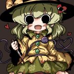  1girl black_eyes black_headwear blood blood_on_clothes blood_on_knife blouse blush bow brown_background buttons diamond_button eyeball floral_print frilled_shirt_collar frilled_sleeves frills green_hair green_skirt hat hat_bow hat_ribbon heart heart_of_string heripantomorrow holding holding_knife knife komeiji_koishi long_sleeves looking_at_viewer medium_hair open_mouth ribbon rose_print shirt simple_background skirt smile solo third_eye touhou wavy_hair wide_sleeves yellow_bow yellow_ribbon yellow_shirt 