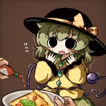  1girl black_eyes black_headwear blouse blush bow brown_background buttons diamond_button eyeball floral_print food frilled_shirt_collar frilled_sleeves frills furrowed_brow green_hair green_skirt hands_up hat hat_bow hat_ribbon heripantomorrow hot_sauce komeiji_koishi light_frown long_sleeves medium_hair open_mouth pizza plate pov pov_hands ribbon rose_print shirt sidelocks simple_background skirt tabasco third_eye touhou trembling upper_body wavy_hair wavy_mouth wide_sleeves worried yellow_bow yellow_ribbon yellow_shirt 