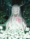  antlers closed_eyes closed_mouth eyebrows_hidden_by_hair fantasy flower forest hair_flower hair_ornament happy hime_cut leaf lily_(flower) long_hair nature original ribs skeleton smile straight_hair suoniko tree upper_body white_hair 