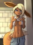  2023 anthro areola areola_slip arm_tuft big_ears big_tail black_nose blonde_hair blurred_background breasts brown_areola brown_body brown_fur cheek_tuft clothed clothing clothing_lift dipstick_tail eevee elbow_tuft eyebrow_through_hair eyebrows eyelashes facial_tuft female fur generation_1_pokemon hair hi_res inside markings mole_(marking) mole_on_breast neck_tuft nintendo open_mouth pokemon pokemon_(species) portrait purple_eyes shirt shirt_lift short_hair slim solo standing sweatpants tail tail_markings tank_top three-quarter_portrait tinygaypirate topwear translucent translucent_hair tuft 