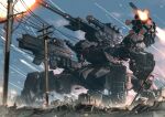  battlefield firing highres mecha no_humans original rapama robot science_fiction utility_pole weapon 