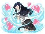  1girl black_hair black_skirt facing_away grey_eyes heart hyuuga_hinata long_hair looking_at_viewer looking_back naruto_(series) naruto_shippuden:_ultimate_ninja_blazing official_art open_mouth shirt skirt white_shirt 