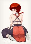 1girl ass back bare_shoulders braid braided_ponytail chinese_clothes commentary_request curvy dated floral_print from_behind genderswap genderswap_(mtf) highres hip_vent looking_at_viewer looking_back mage_(harumagedon) pelvic_curtain ranma-chan ranma_1/2 red_hair saotome_ranma signature sitting skindentation slippers solo wariza 