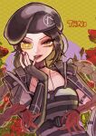  1girl 3bai_kaiouken absurdres animification apex_legends arms_dealer_loba artist_name beret black_choker black_gloves black_hair brown_eyes choker collarbone finger_to_mouth fingerless_gloves flower gloves gradient_hair grey_shirt hat head_tilt highres loba_(apex_legends) looking_at_viewer multicolored_hair official_alternate_costume parted_lips red_flower red_hair scouter shirt solo upper_body 