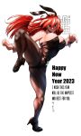  1girl 2023 alternate_costume animal_ears black_leotard black_pantyhose blue_eyes braid breasts chinese_zodiac english_text fake_animal_ears happy_new_year high_heels highres hong_meiling koyubi_(littlefinger1988) leotard long_hair pantyhose playboy_bunny rabbit_ears red_hair touhou twin_braids white_wrist_cuffs wrist_cuffs year_of_the_rabbit 