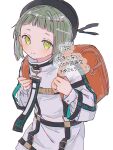  1girl backpack bag beret blush green_eyes green_hair hat highres jacket long_sleeves looking_at_viewer milgram momose_amane red_bag short_bangs short_hair smile solo translation_request twitter_username white_jacket yayoripain 