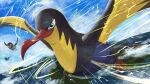  above_clouds absurdres bird closed_mouth cloud day electricity evolutionary_line flying green_eyes highres kilowattrel no_humans outdoors pokemon pokemon_(creature) sky wattrel yayori_1339 