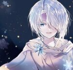  1boy blue_eyes bob_cut cape closed_mouth colored_skin cookie_run estey hair_over_one_eye highres looking_at_viewer sherbet_cookie short_hair smile snowflake_print snowflakes snowing solo upper_body white_cape white_hair white_skin winter 