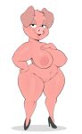  2023 anthro big_breasts breasts clothing curvy_figure domestic_pig female floppy_ears footwear genitals hi_res high_heels_only looking_at_viewer mammal open_mouth open_smile pink_body pussy short_stack simple_background smile smiling_at_viewer solo standing suid suina sus_(pig) thick_thighs usnarbit voluptuous white_background wide_hips 