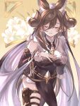  1girl animal_ears breasts brown_hair closed_eyes commentary cowboy_shot detached_sleeves frills galleon_(granblue_fantasy) granblue_fantasy hair_between_eyes highres horns large_breasts nyapanu parted_lips pelvic_curtain pointy_ears skindentation sleeveless solo thigh_strap 