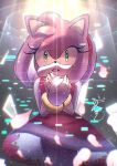  1girl amy_rose animal_nose bracelet cang_she cowboy_shot dress furry furry_female gloves green_eyes jewelry looking_at_viewer open_mouth red_dress signature solo sonic_(series) sonic_frontiers standing tears white_gloves 