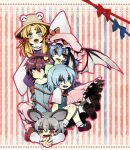  5girls @_@ animal_ears bat_wings blonde_hair blue_dress blue_eyes blue_hair blush bow cirno dress fang grey_eyes grey_hair grin hat headband komeiji_satori long_sleeves mary_janes moriya_suwako mouse_ears mouse_girl multiple_girls nazrin open_mouth pink_dress pink_skirt purple_hair red_eyes remilia_scarlet shoes short_hair sitting sitting_on_person skin_fang skirt smile touhou tuba_ta wings 