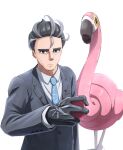  1boy black_eyes black_gloves black_hair black_jacket buttons closed_mouth collared_shirt commentary_request flamigo frown gloves grey_hair highres holding holding_poke_ball itsudzumi jacket larry_(pokemon) long_sleeves looking_at_viewer male_focus multicolored_hair necktie poke_ball poke_ball_(basic) pokemon pokemon_(creature) pokemon_(game) pokemon_sv shirt short_hair streaked_hair two-tone_hair white_background 