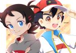  2boys :d antenna_hair ash_ketchum bangs black_hair blue_eyes blue_jacket brown_eyes closed_mouth commentary_request eyelashes goh_(pokemon) grey_shirt hand_on_headwear happy hat highres jacket looking_at_viewer male_focus multiple_boys open_mouth pokemon pokemon_(anime) pokemon_journeys red_headwear shirt short_hair short_sleeves sleeveless sleeveless_jacket smile t-shirt teeth tongue tuki_0427 upper_teeth_only white_shirt 