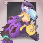  &lt;3 anthro areola big_breasts big_hair blue_hair blush bottomless breasts canid clothed clothing duo eyes_closed felid female from_front_position fur generation_5_pokemon grey_body grey_fur hair hair_tied happy happy_sex head_between_breasts hi_res inverted_nipples legwear liepard long_hair male male/female mammal mastery_position nintendo nipples partially_clothed pokemon pokemon_(species) purple_body purple_fur purple_hair sex shirt thick_thighs thigh_highs topwear vilf whiskers wide_hips yellow_body yellow_fur zoroark 