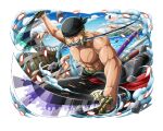  1boy bandana dual_wielding holding holding_sword holding_weapon katana male_focus ocean one_eye_closed one_piece one_piece_treasure_cruise red_sash roronoa_zoro sash scar scar_across_eye scar_on_face short_hair sword topless_male water weapon weapon_in_mouth 