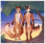  anthro artist_name black_body black_fur blue_eyes border brown_body brown_fur brown_hair canid cheek_tuft chest_tuft crotch_tuft duo facial_tuft featureless_crotch felid front_view fur glistening glistening_eyes hair hand_holding head_tuft hi_res knee_tuft leg_tuft male mammal markings multicolored_body multicolored_fur nude open_mouth open_smile orange_body orange_eyes orange_fur outside plant shoulder_tuft sky smile standing striped_arms striped_legs striped_markings striped_tail stripes tail tail_markings tan_body tan_fur tree tuft white_border yookie 