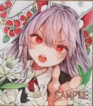  1girl animal_ears collared_shirt flower index_finger_raised light_purple_hair long_hair looking_at_viewer monji_(monzi328) necktie open_mouth pointing pointing_at_viewer rabbit_ears red_eyes red_flower red_necktie reisen_udongein_inaba sample_watermark shirt solo touhou upper_body watermark white_flower white_shirt 