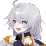  1girl :d ahoge black_shirt blue_eyes braid collared_shirt highres honkai_(series) honkai_impact_3rd jacket kiana_kaslana long_hair long_sleeves looking_at_viewer open_mouth shirt simple_background smile solo twin_braids upper_body utekikuore white_background white_hair white_jacket 