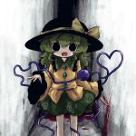  1girl bangs black_eyes black_headwear blood blood_on_ground blood_on_knife blood_on_wall blouse bow buttons crazy_eyes diamond_button eyeball feet_out_of_frame floral_print frilled_shirt_collar frilled_sleeves frills green_hair green_skirt hat hat_bow hat_ribbon heart heart_of_string heripantomorrow holding holding_knife knife komeiji_koishi long_sleeves looking_at_viewer medium_hair open_mouth ribbon rose_print shirt sidelocks skirt smile solo third_eye touhou wavy_hair wide_sleeves yellow_bow yellow_ribbon yellow_shirt 