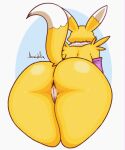  absurd_res anthro armwear bandai_namco big_butt bridal_gauntlets butt canid canine clothing digimon digimon_(species) female fur genitals hi_res huge_butt jhenightfox mammal neck_tuft pussy rear_view renamon simple_background solo thick_thighs tuft wide_hips yellow_body yellow_fur 