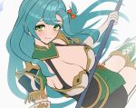  1girl bangs blue_hair blush bow breasts chloe_(fire_emblem) cleavage fire_emblem fire_emblem_engage from_side garter_straps gonzarez green_eyes hair_bow highres holding holding_staff large_breasts long_hair looking_at_viewer looking_to_the_side perspective smile solo staff thighhighs 