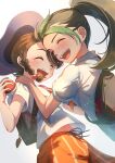  2girls :d backpack bag blush braid brown_hair closed_eyes commentary_request eyelashes freckles green_hair happy hat highres holding holding_poke_ball juliana_(pokemon) korokoro_nekoz long_hair multicolored_hair multiple_girls necktie nemona_(pokemon) open_mouth orange_necktie orange_shorts poke_ball poke_ball_(basic) pokemon pokemon_(game) pokemon_sv ponytail shirt short_sleeves shorts smile teeth tongue two-tone_hair upper_teeth_only 