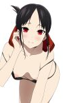  1girl bent_over black_hair blush breasts collarbone coro_fae downblouse hair_ornament highres kaguya-sama_wa_kokurasetai_~tensai-tachi_no_renai_zunousen~ light_smile looking_at_viewer nipple_slip nipples red_eyes shinomiya_kaguya simple_background small_breasts solo thighs white_background 