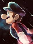  alternate_color_hat big_nose black_headwear black_overalls blue_eyes brown_hair comet facial_hair flying from_side hat highres long_sleeves mario mario_(series) mustache overalls red_shirt shirt shooting_star short_hair solo space super_mario_galaxy ya_mari_6363 