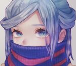  1boy bangs blue_eyes blue_hair blue_scarf commentary_request eyelashes grey_background grusha_(pokemon) kumakuma_momiji looking_at_viewer male_focus medium_hair pokemon pokemon_(game) pokemon_sv portrait scarf scarf_over_mouth solo striped striped_scarf 
