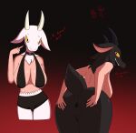  2022 anthro anus big_breasts black_body black_fur bovid breasts butt caprine caprine_demon clothed clothed_female clothing demon dialogue english_text female fur genitals goat_demon gradient_background hi_res horn impstripe looking_back mammal nude nude_female presenting presenting_anus presenting_hindquarters pussy side_boob simple_background solo split_form spread_butt spreading text white_body white_fur yellow_eyes 