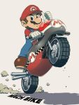 1boy blue_overalls driving ground_vehicle hat highres long_sleeves mario mario_(series) mario_kart mario_kart_wii motor_vehicle motorcycle overalls red_headwear red_shirt shirt smile solo thumbs_up ya_mari_6363 