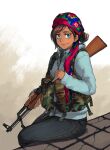  1girl ak-47 ammunition_pouch assault_rifle blue_eyes blue_hoodie brown_hair camouflage chest_rig closed_mouth commentary dark-skinned_female dark_skin denim drawstring earrings english_commentary grey_background grey_pants gun headwear_request holding holding_gun holding_weapon hood hood_down hoodie jewelry kalashnikov_rifle kws lips long_sleeves looking_to_the_side magazine_(weapon) mixed-language_commentary multicolored_clothes multicolored_headwear original pants pouch print_headwear rifle short_hair sitting sling smile solo stud_earrings syrian_civil_war weapon white_background women&#039;s_protection_units woodland_camouflage 