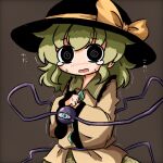  1girl @_@ black_eyes black_headwear blouse blush bow brown_background buttons diamond_button dutch_angle eyeball floral_print frilled_shirt_collar frilled_sleeves frills furrowed_brow green_hair green_skirt hat hat_bow hat_ribbon heart heripantomorrow komeiji_koishi long_sleeves looking_at_viewer medium_hair nose_blush open_mouth ribbon rose_print shirt sidelocks simple_background skirt smile solo sweat tears third_eye touhou trembling wavy_hair wide_sleeves yellow_bow yellow_ribbon yellow_shirt 