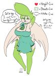  2021 absurd_res anthro big_breasts blue_clothing blue_dress breasts brown_eyes cheerycide chest_tuft cleavage clothed clothing dialogue dress english_text female flower_accessory fur generation_4_pokemon green_body green_fur growth_drive hand_behind_head hand_on_hip hi_res hip_tuft joree_(cheerycide) legendary_pokemon nintendo one_eye_closed pokemon pokemon_(species) pose seductive shaymin signature simple_background sky_forme_shaymin smile solo speech_bubble text tuft white_body white_fur wink 