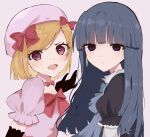  2girls :d bangs black_gloves blonde_hair blue_bow blue_bowtie blue_hair blunt_bangs bow bowtie brown_hair elbow_gloves english_commentary fang frederica_bernkastel gloves hair_bow hat highres jewelry lambdadelta long_hair looking_at_viewer multiple_girls necklace pearl_necklace pink_headwear puffy_short_sleeves puffy_sleeves purple_eyes red_bow se_2dr short_hair short_sleeves smile umineko_no_naku_koro_ni 
