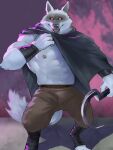  2023 abs anthro arm_wraps black_nose bottomwear canid canine canis cloakl clothing death_(puss_in_boots) digital_media_(artwork) fur hi_res holding_object holding_weapon looking_at_viewer male mammal muscular muscular_anthro muscular_male pants puss_in_boots_the_last_wish salz_sop sickle solo weapon wolf wraps 