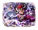  1boy abs cloak clothing_request eustass_captain_kid goggles goggles_on_head grin horns looking_at_viewer metal official_art one_piece one_piece_treasure_cruise pants purple_pants red_hair screw short_hair smile spiked_hair teeth 