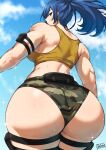  1girl ass back bare_shoulders batako_(batakoart) blue_eyes blue_hair blush breasts earrings highres huge_ass jewelry leona_heidern looking_back muscular muscular_female panties ponytail sky sleeveless solo sweat sweatdrop the_king_of_fighters the_king_of_fighters_xv thighhighs thighs triangle_earrings underwear 