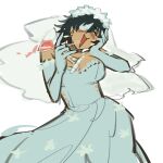 1girl black_hair blush breasts bridal_veil chainsaw_man cleavage closed_eyes cup dress drinking_glass elbow_gloves eyepatch gloves hand_on_own_face highres himeno_(chainsaw_man) liowig medium_breasts open_mouth short_hair simple_background solo spill veil wedding_dress white_dress white_gloves wine_glass 