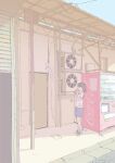  1girl bangs can closed_eyes day door drinking highres holding holding_can original outdoors ponytail rikirosso scenery shirt shoes shorts sneakers standing sweat t-shirt vending_machine white_shirt 